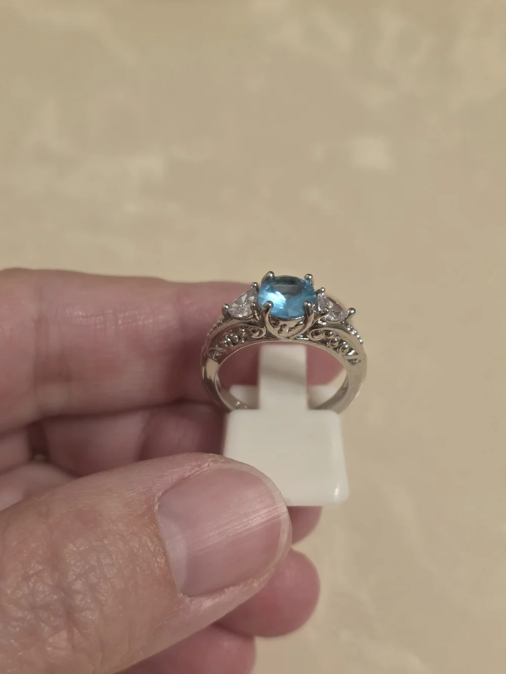 925 Silver CZ and Aquamarine Ring Size 6
